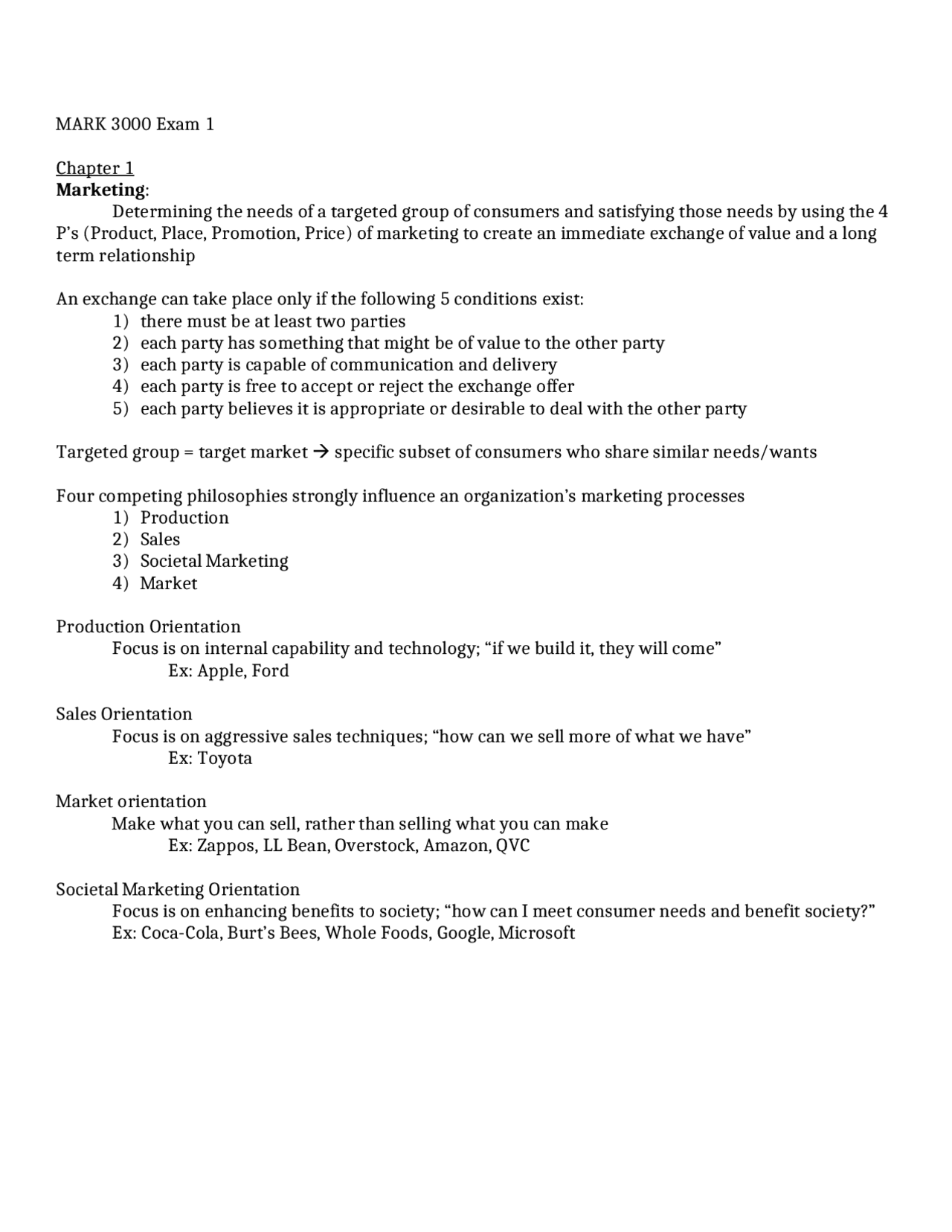 Review for Exam 1 - Principles of Marketing | MARK 3000 - Docsity