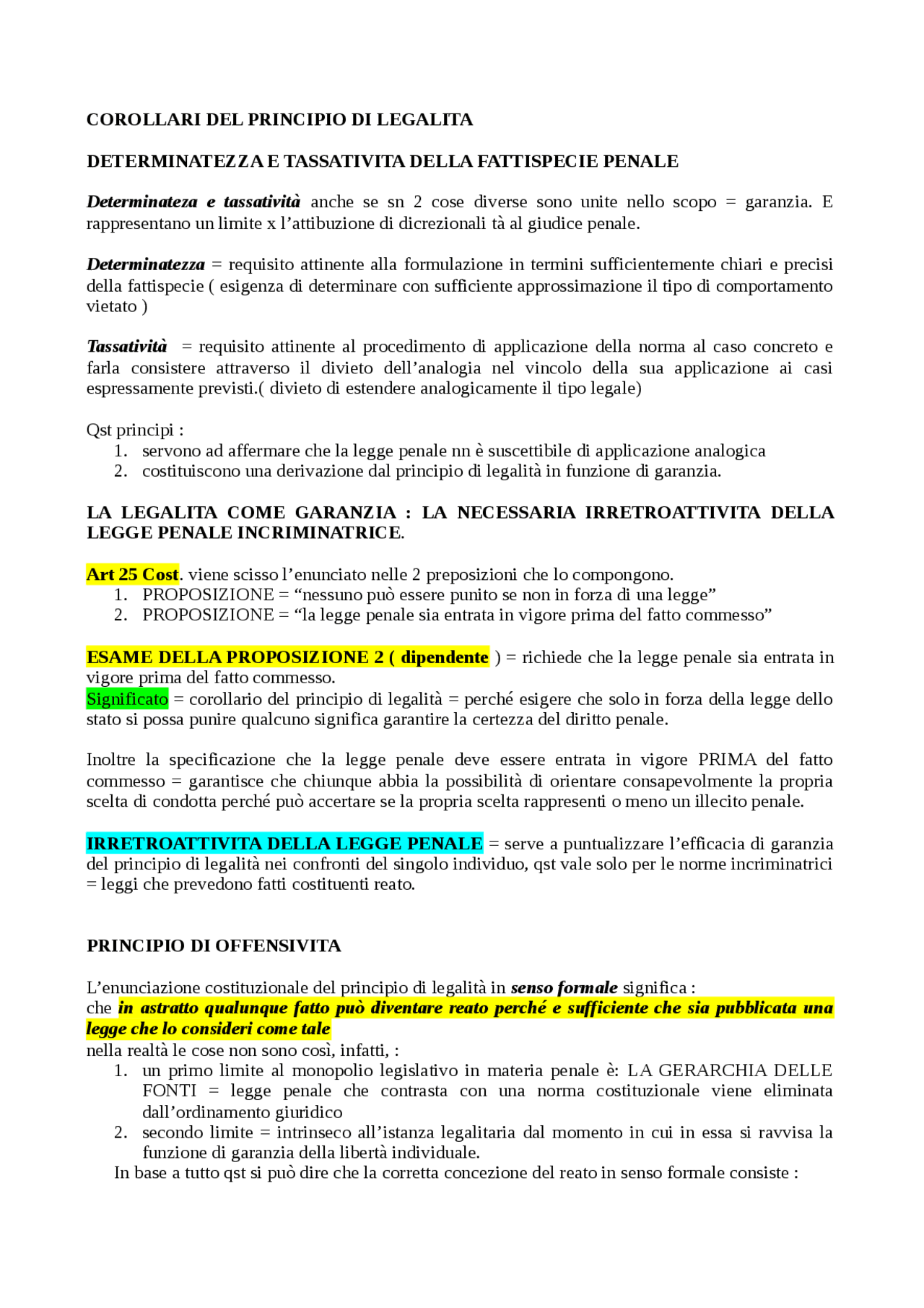 COROLLARI DEL PRINCIPIO DI LEGALITA - Docsity