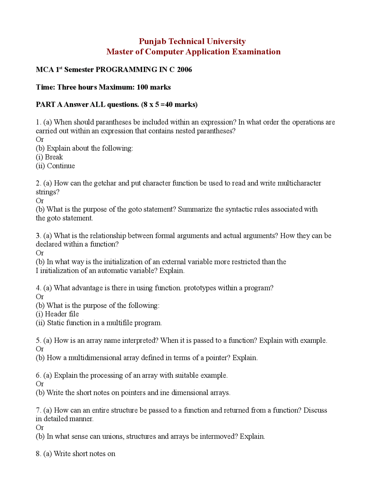 Programming in C – Exam Paper 2006 – Computer Applications – 1st ...