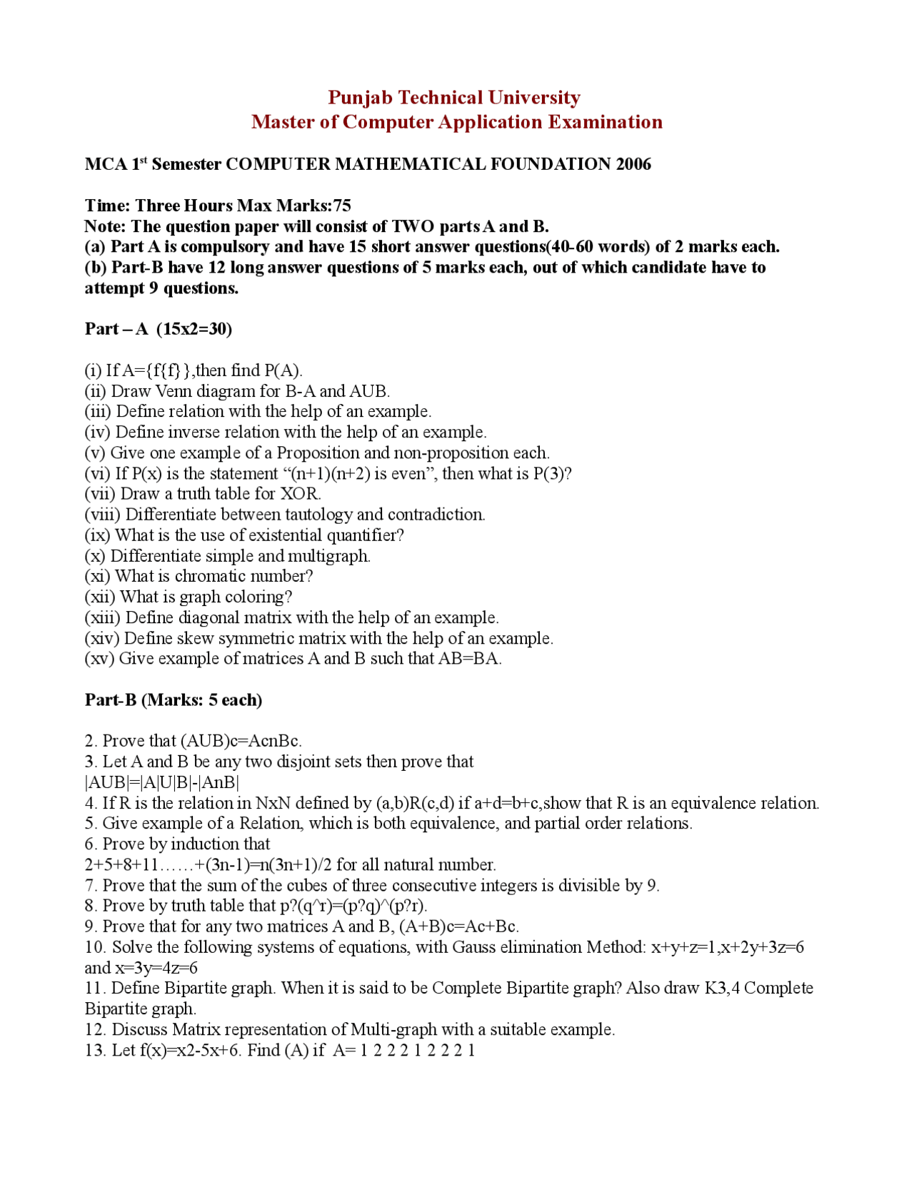 Computer Mathematics Paper Computer Mathematical Foundation – Exam Paper 2006 – Computer ...