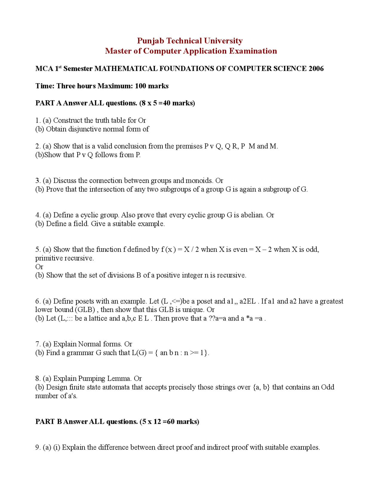 Computer Mathematics Paper Mathematical Foundation of Computer Science – Exam Paper 2006 ...