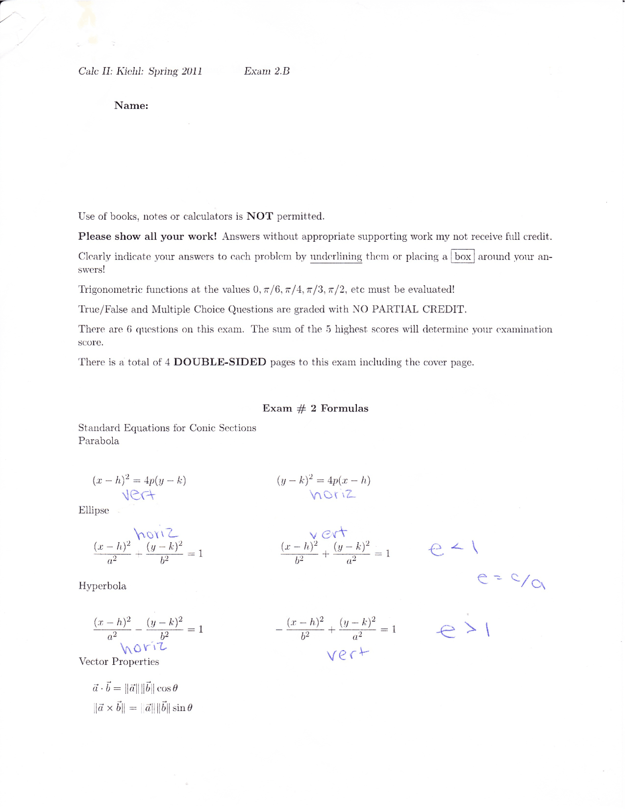 Exam 2 with Solution Key - Calculus II | MATH 1020 - Docsity