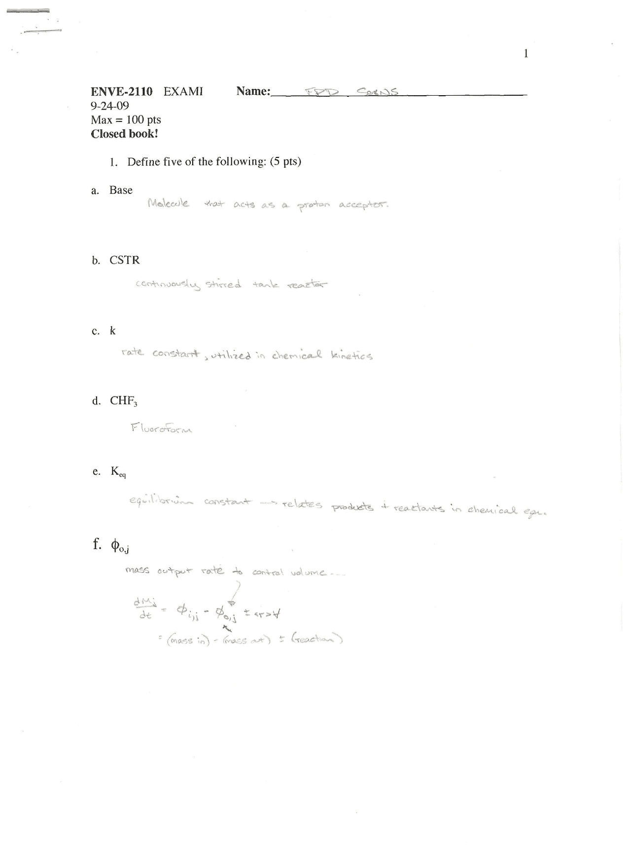 Define Base, CSTR Exam 1 with Solution ENVE 2110 Exams