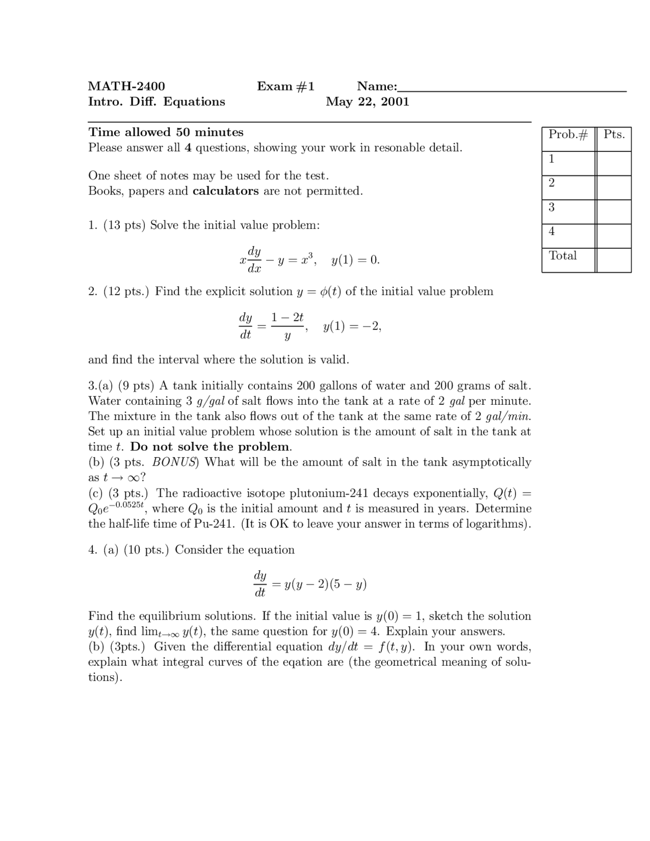Find Initial Value Problem and Explicit Problem - Exam 1 | MATH 2400 ...