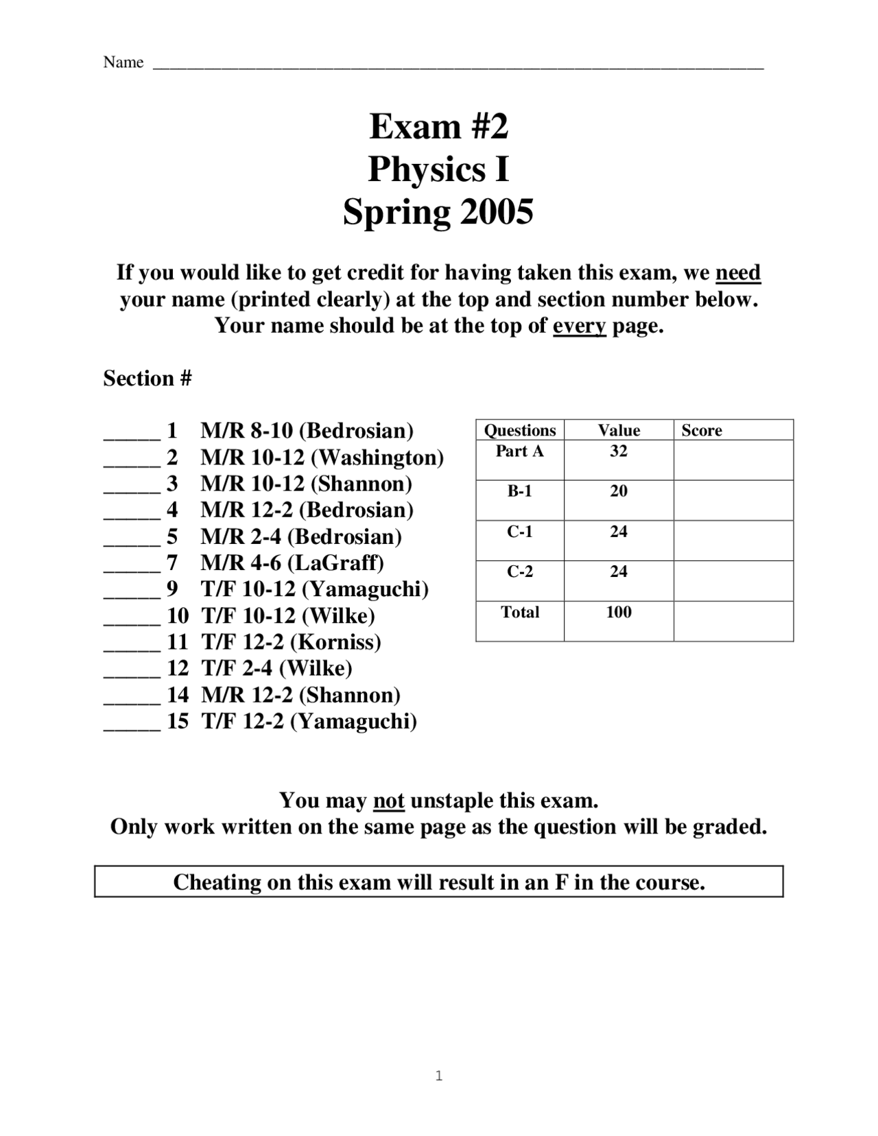 Examination 2 Practice Problems on Physics I | PHYS 1100 - Docsity