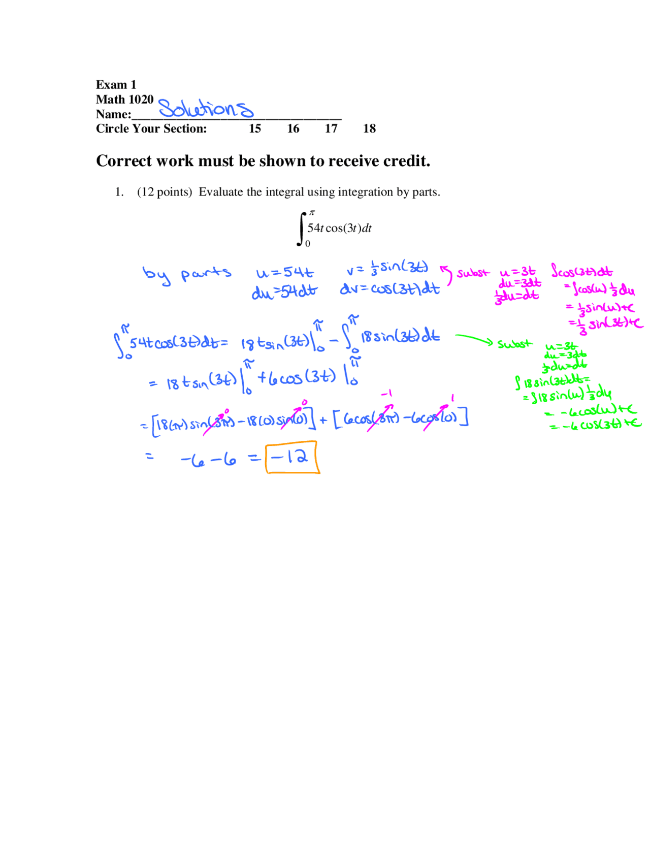 Exam 1 Solutions | Calculus II | MATH 1020 - Docsity