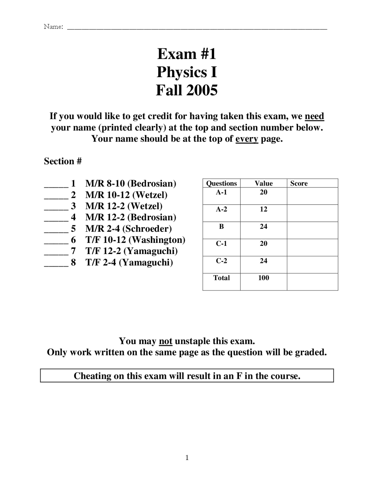 Physics I Exam with Problems and Formula Sheet | Exams Physics | Docsity