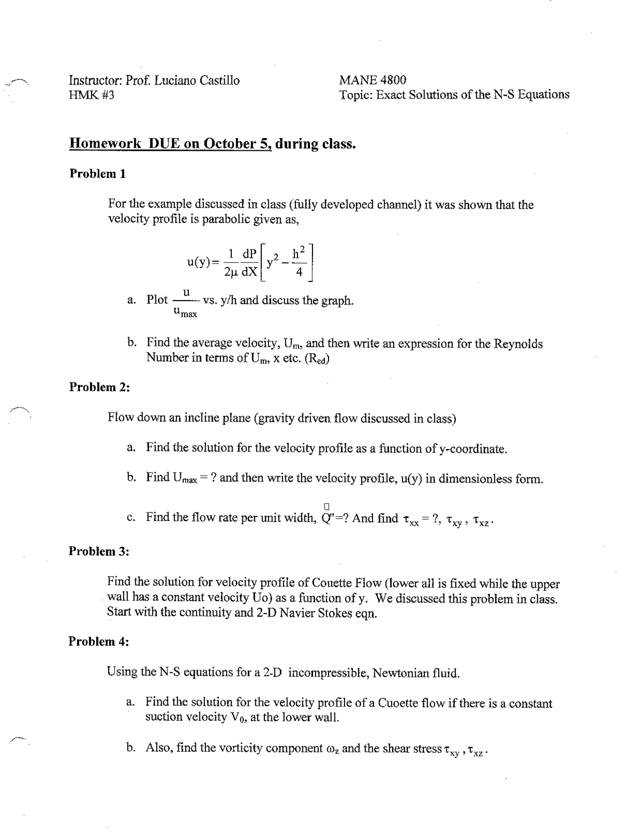 Exact Solutions Of N S Equations Homework 3 Mane 4800 Docsity