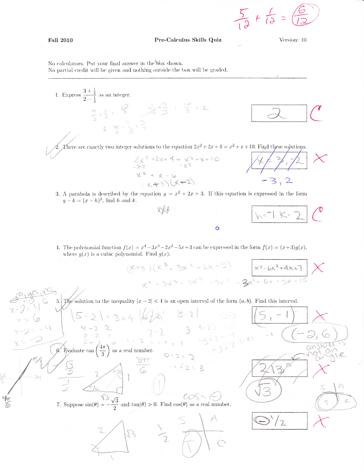 Pre-Calculus Skills Quiz with Answers | Calculus I | MATH 1010 - Docsity