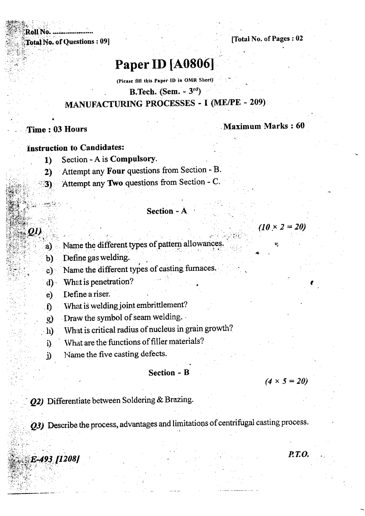 Engineering Study Form Manufacturing Manufacturing Processes-1 – Exam Paper – Manufacturing Engineering ...