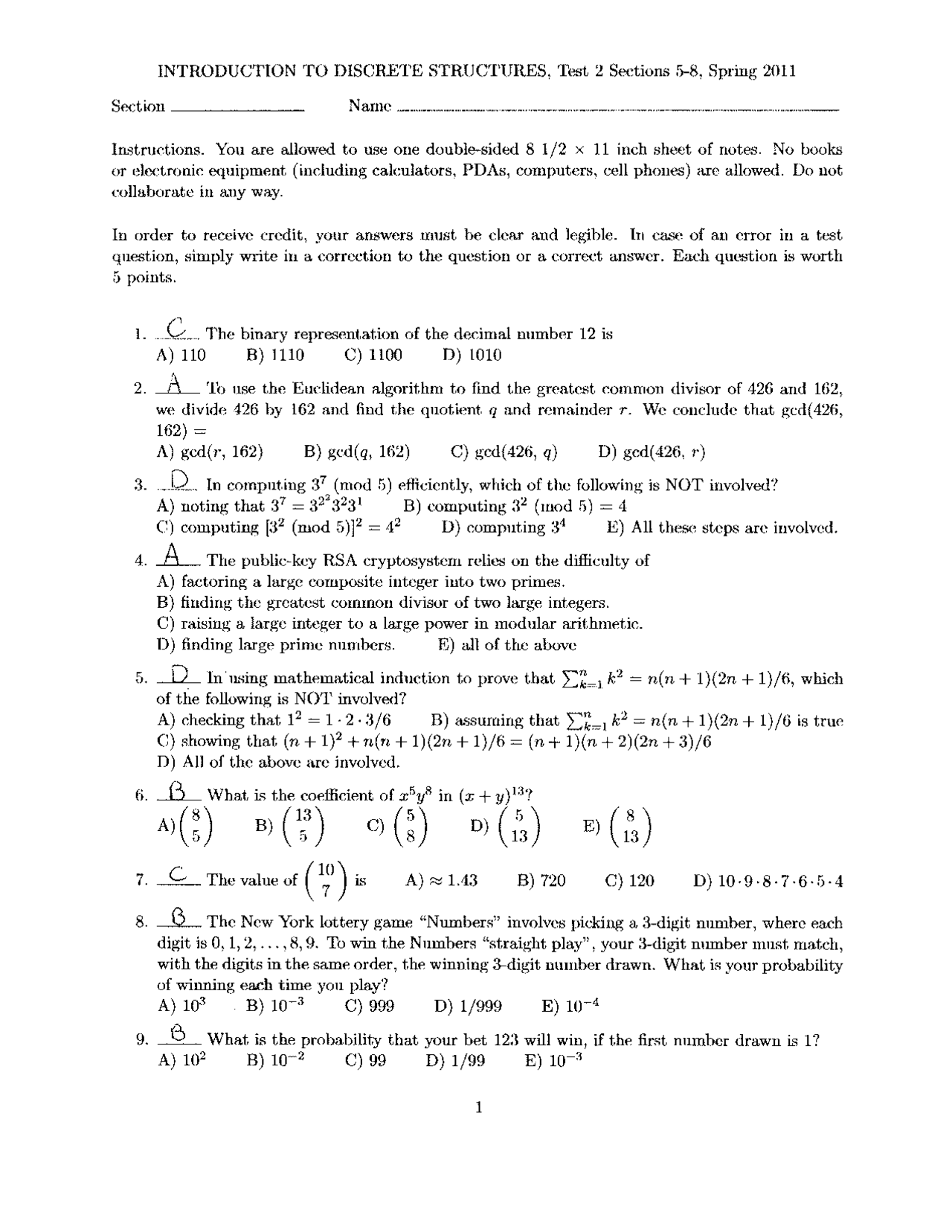 Test 2 with Answer Key - Introduction to Discrete Structures | MATH ...
