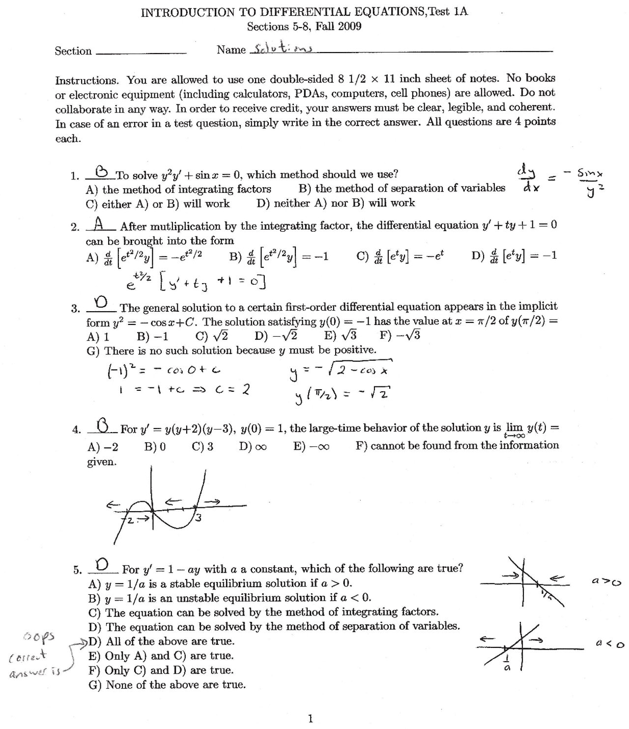 Exam 1 Solutions Introduction to Differential Equations MATH 2400