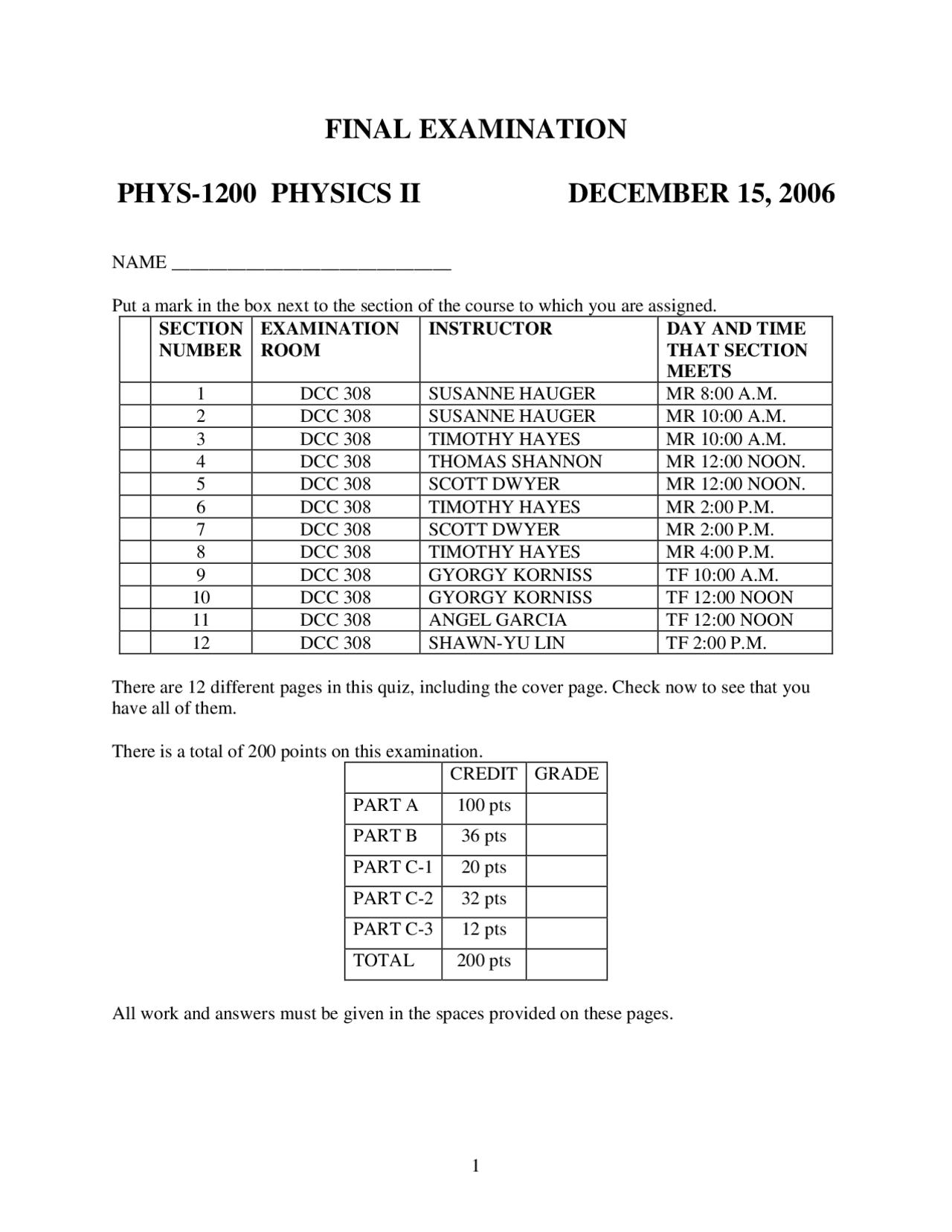 5 Questions on Physics II - Final Examination | PHYS 1200 - Docsity