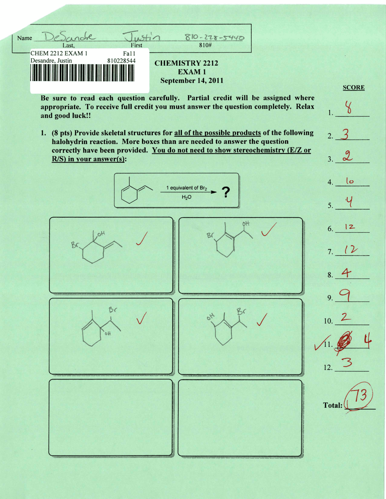 Modern Organic Chemistry II - Solved Exam 1 | CHEM 2212 - Docsity