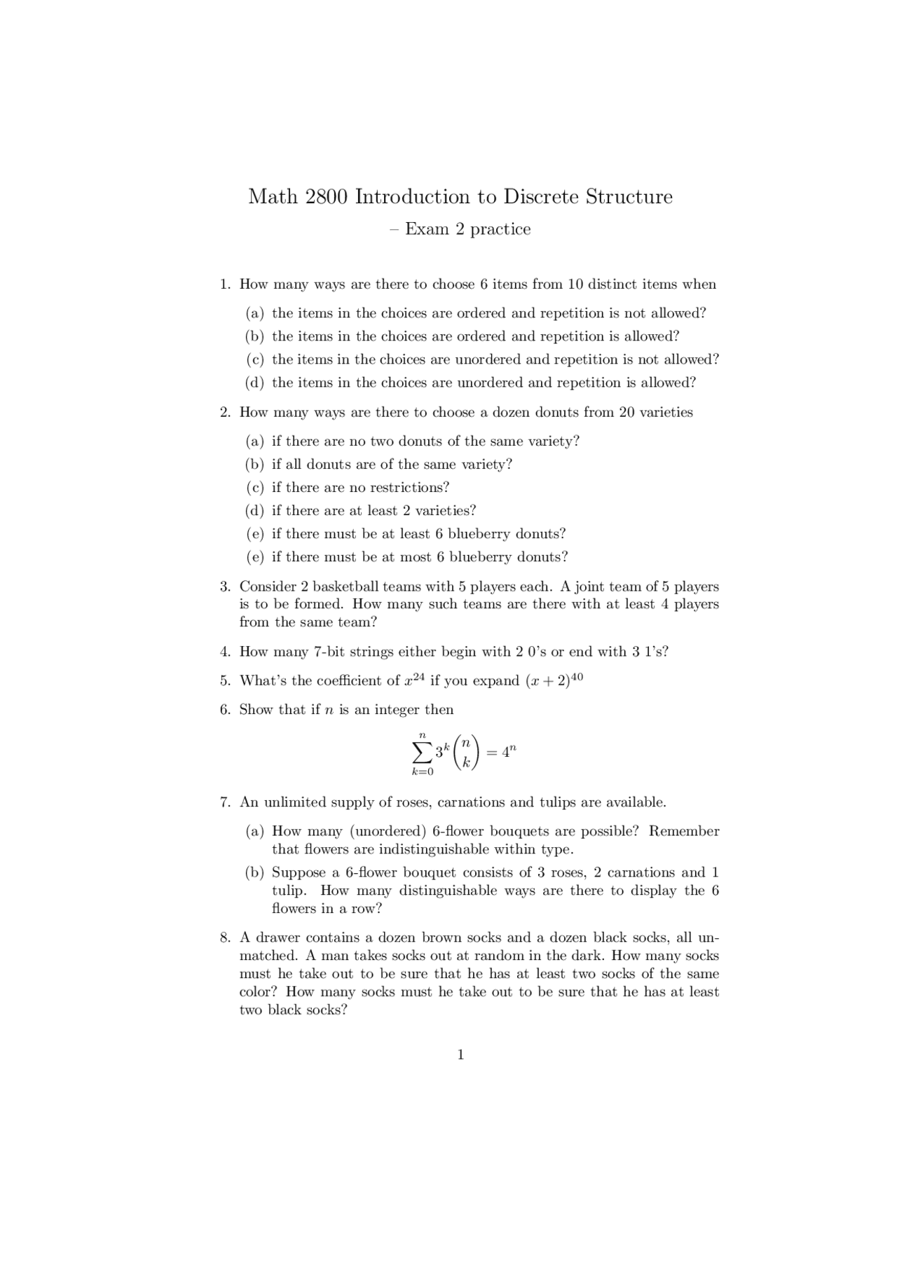 Practice Exam 2 - Introduction to Discrete Structures | MATH 2800 - Docsity