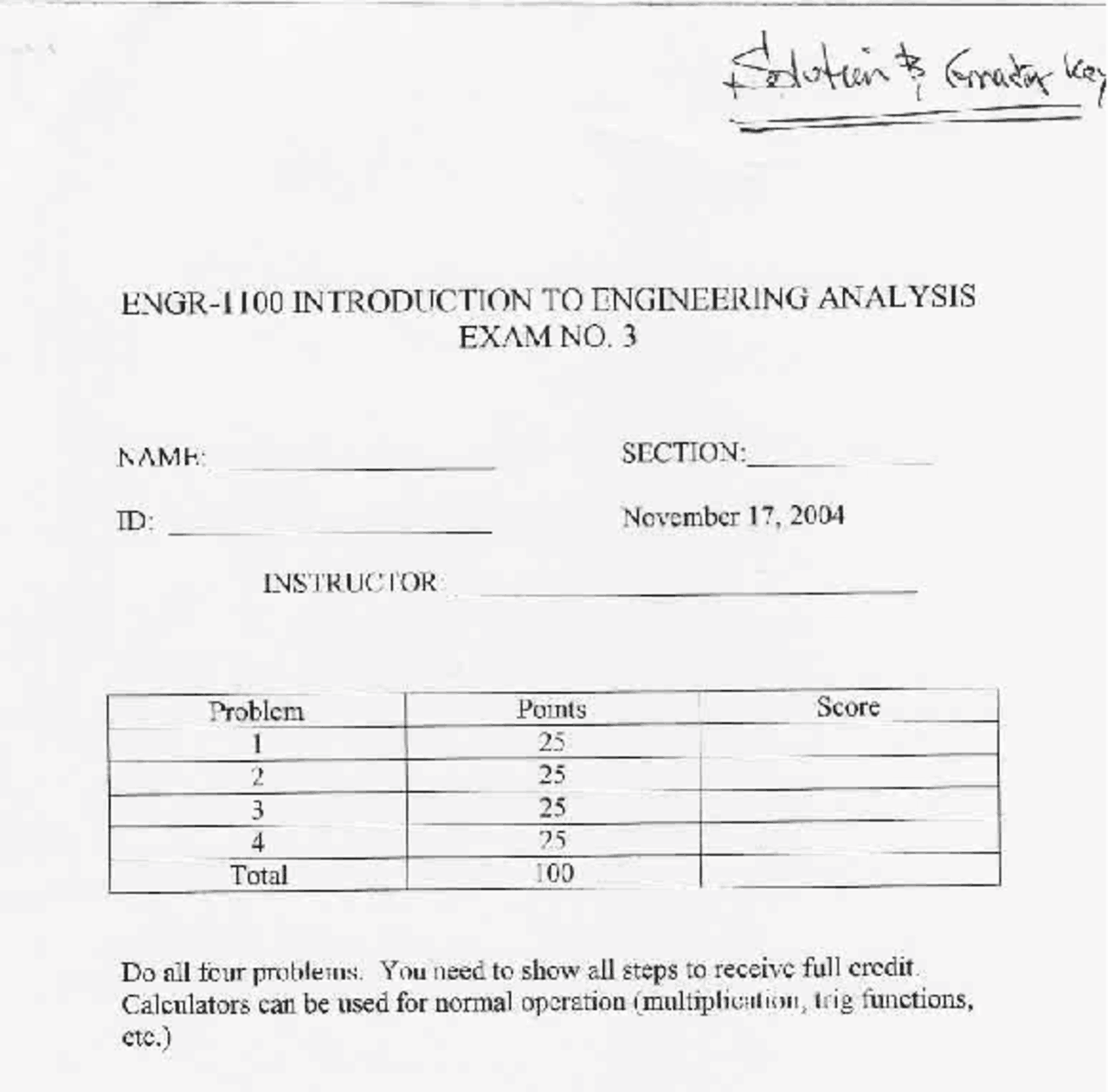 Exam 3 with Solution - Introduction to Engineering Analysis | ENGR 1100 ...