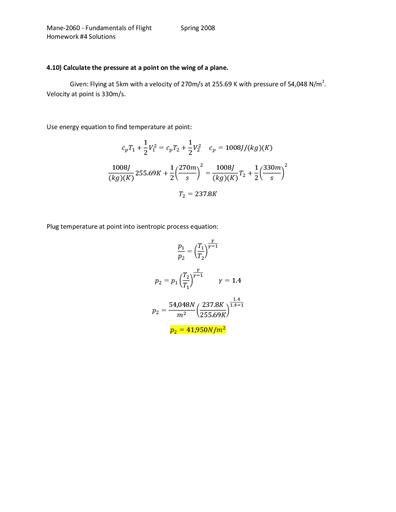 Fundamentals of Flight - Homework 4 Solutions | MANE 2060 - Docsity