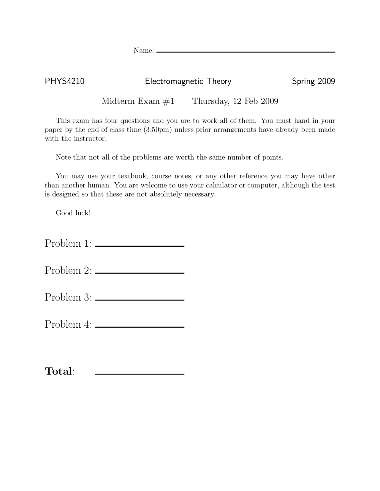 Midterm Exam 1 Problems - Electromagnetic Theory | PHYS 4210 - Docsity
