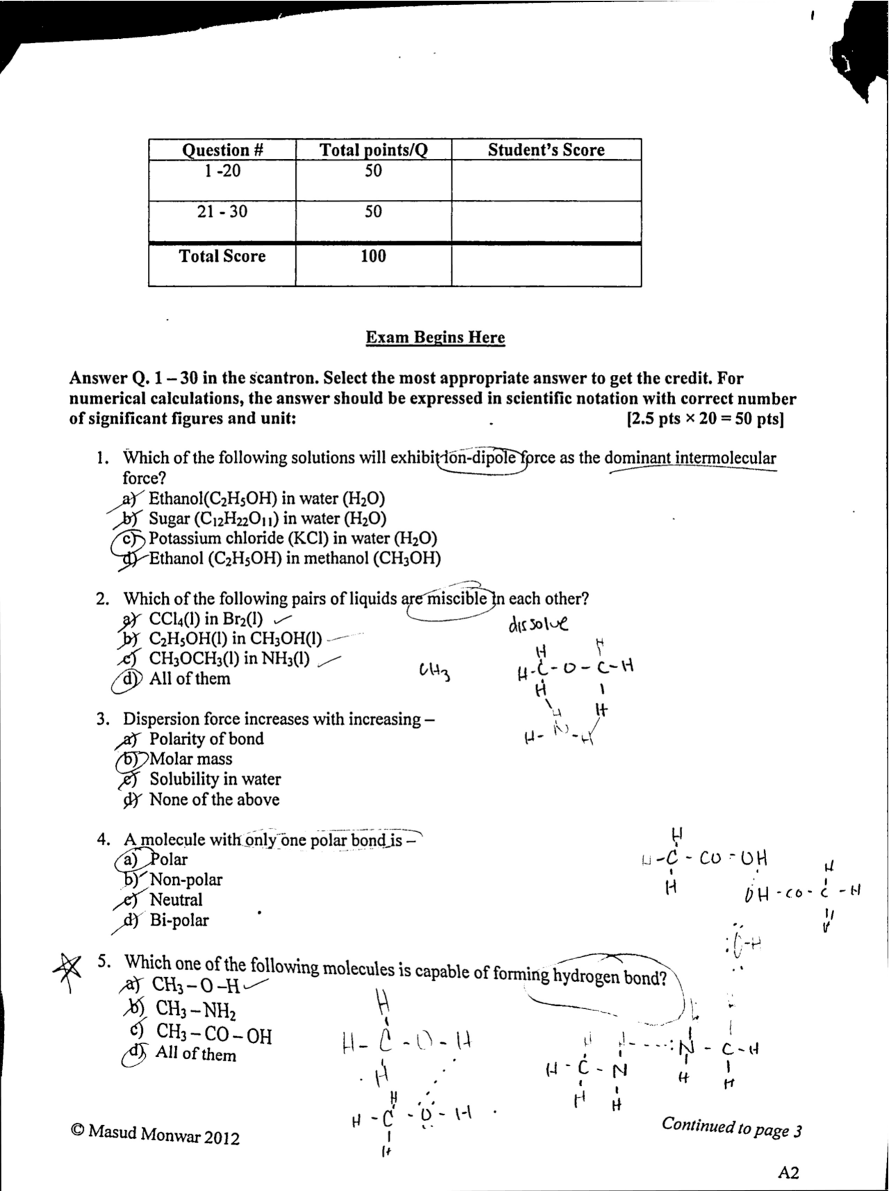 5 Multiple Choice Questions with Key | General Chemistry II - Exam 1 ...