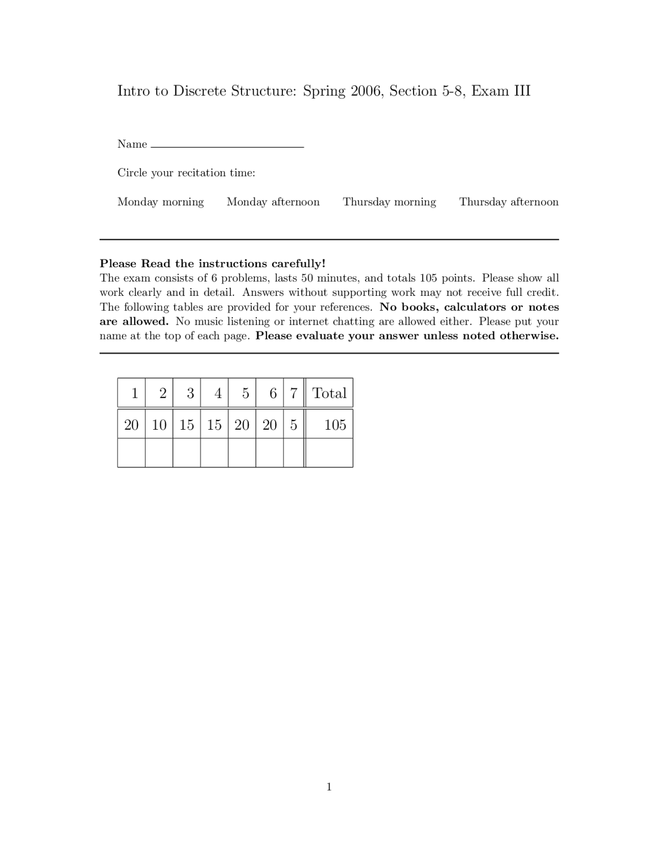 Introduction to Discrete Structure - Exam 3 | MATH 2800 - Docsity