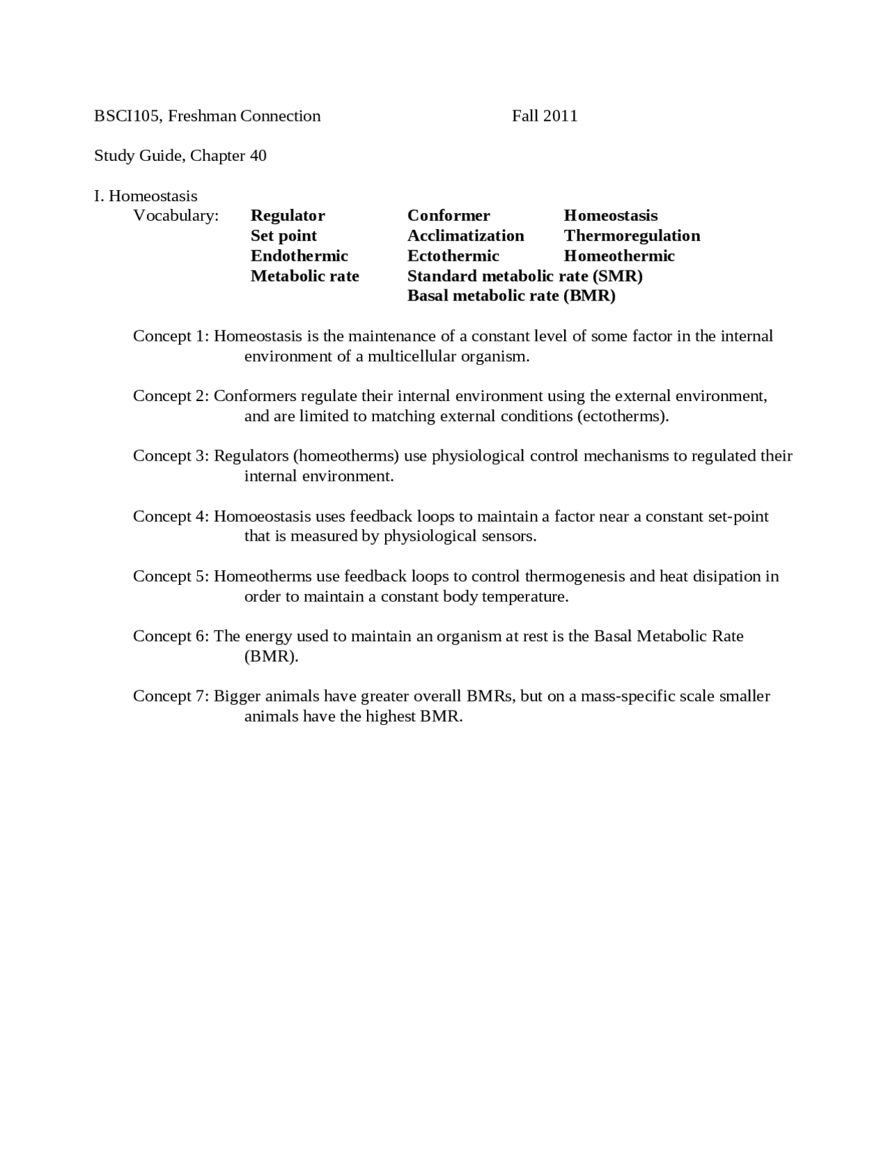 Study Guide of Homeostasis -Principles Biology | BSCI 105 - Docsity