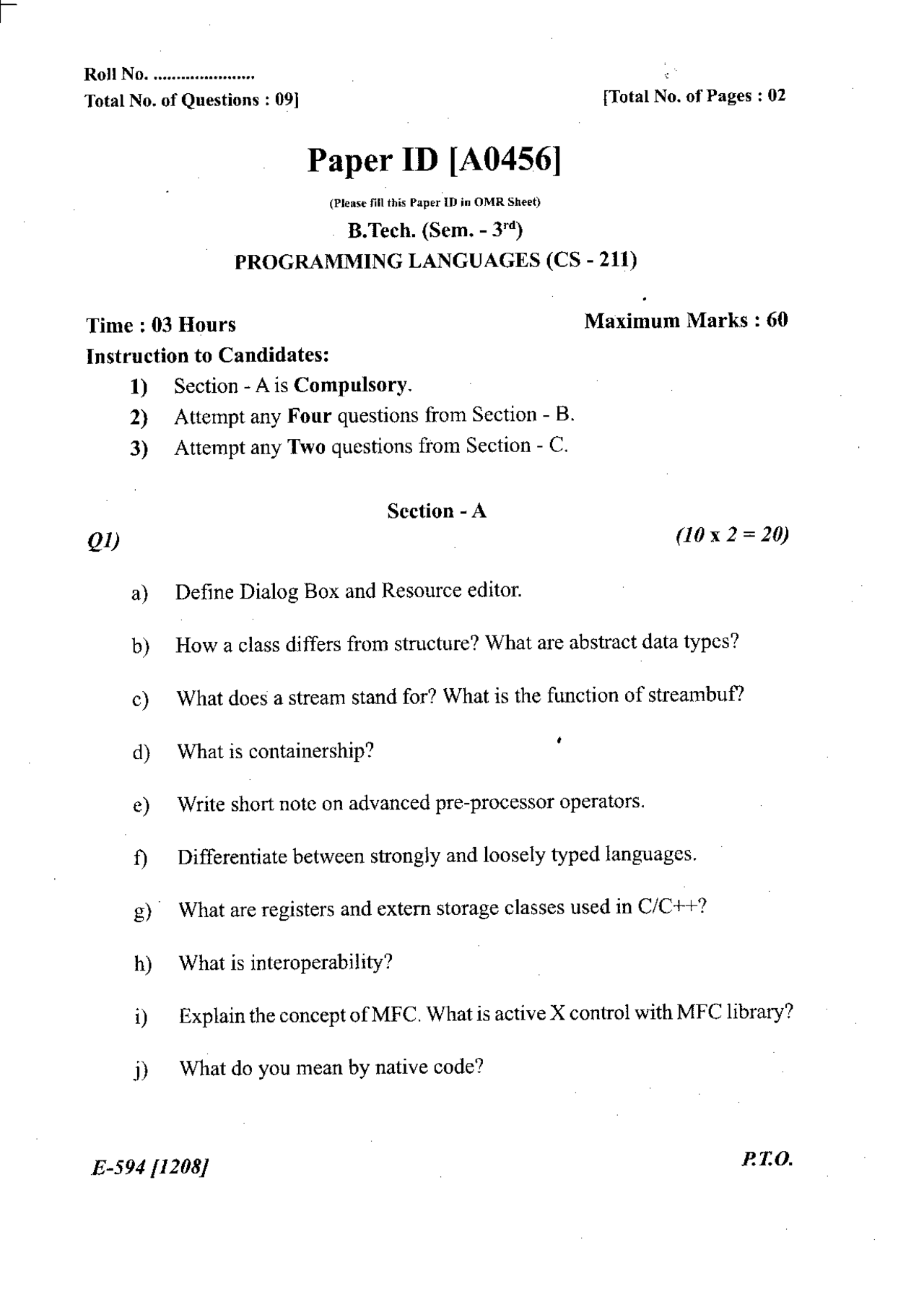 Programming Languages – Exam Paper – Computer Science – 3rd Semester ...