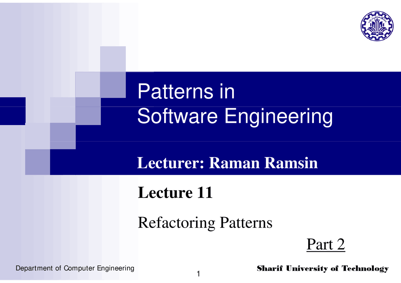 Refactor Patterns Refactoring Patterns-Patterns in Software Engineering-Lecture 11 Slides ...