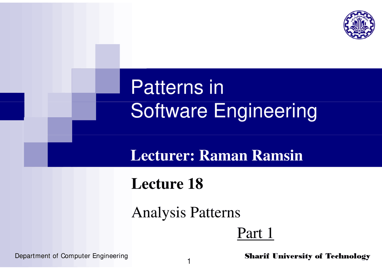 Engineering Analysis Patterns Analysis Patterns-Patterns in Software Engineering-Lecture 18 Slides ...