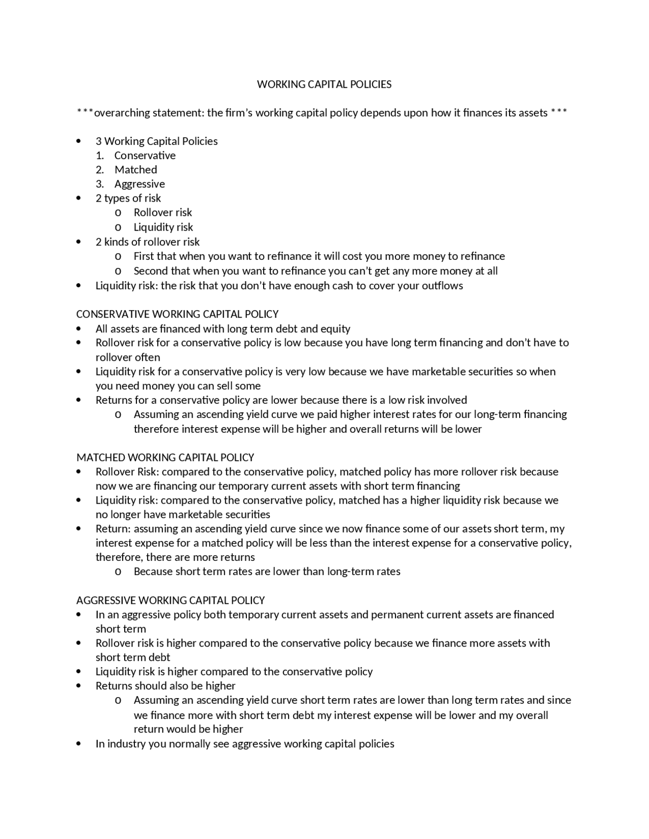 Notes for Working Capital Policy | FINA 4300 - Docsity