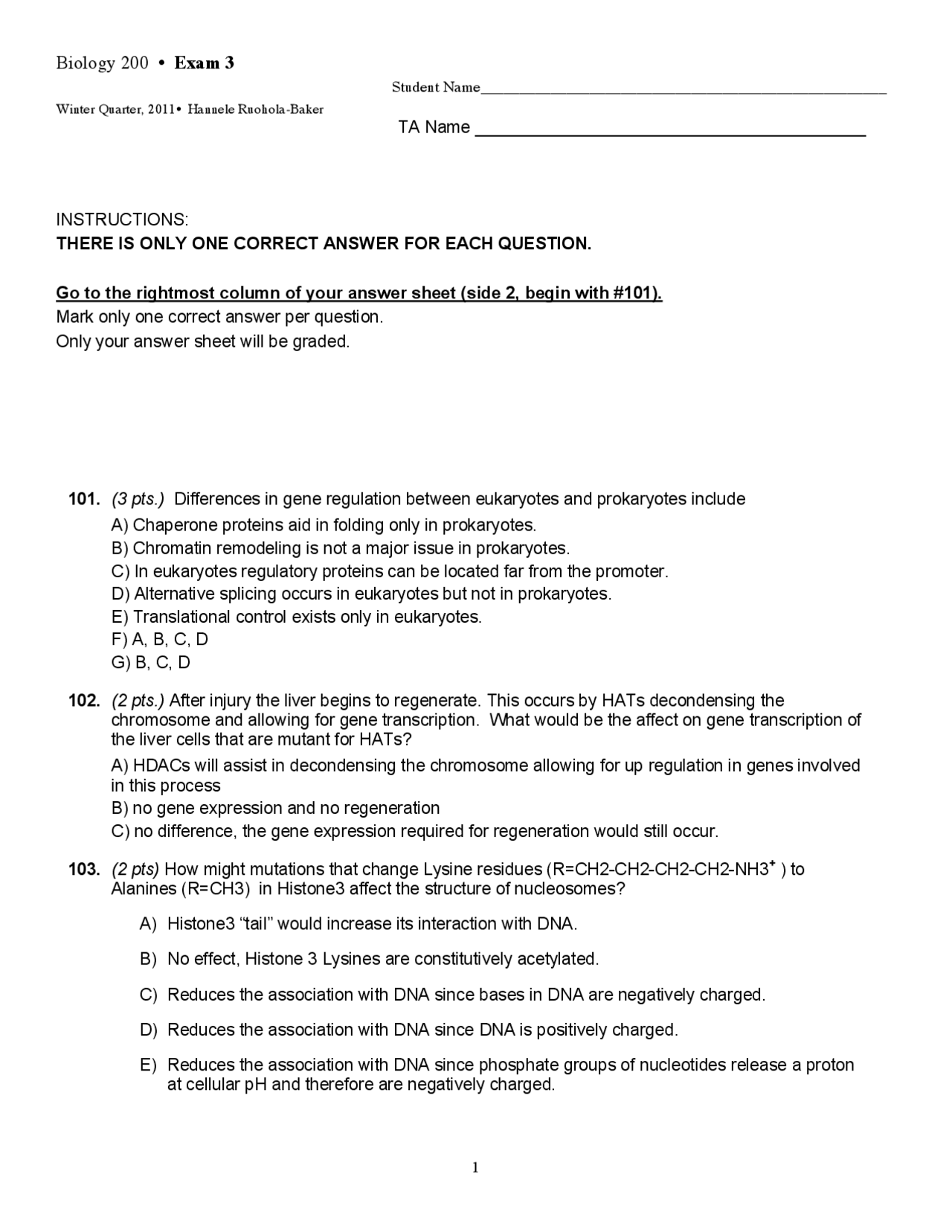Exam 3 - Introduction to Biology - Winter 2011 | BIOL 200 - Docsity