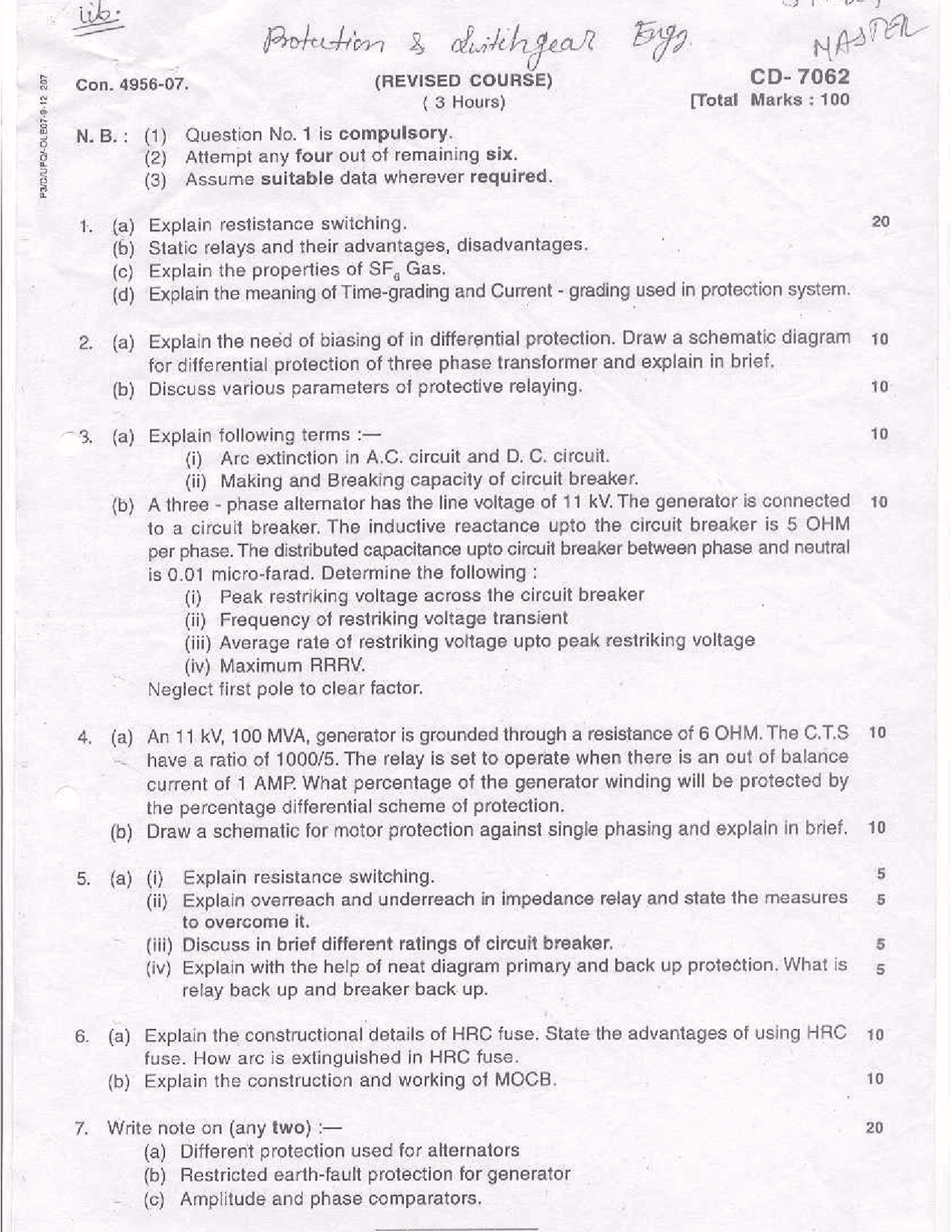Protection and Switchgear Exam Paper 2007 Electrical Engineering