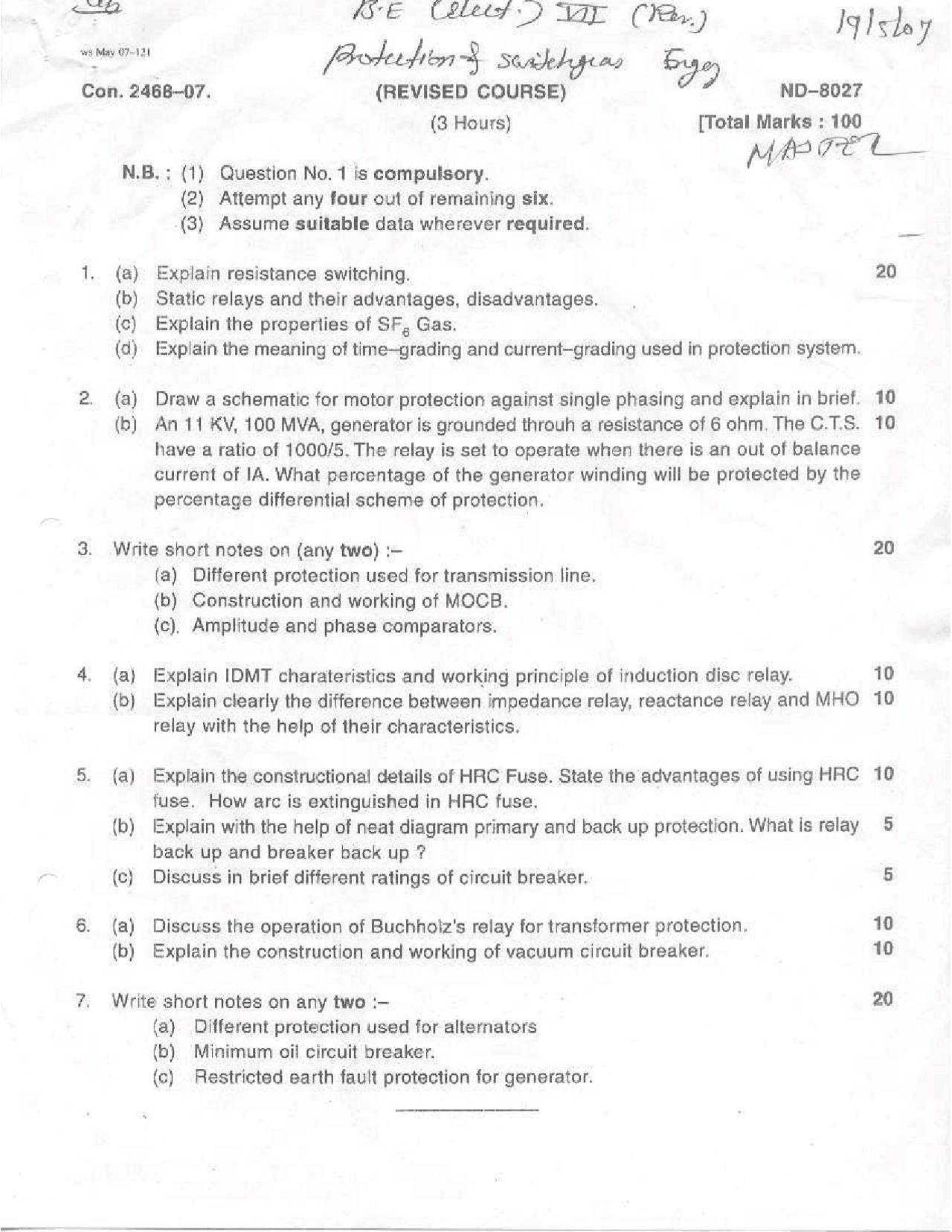 Protection and Switchgear Exam Paper 2009 Electrical Engineering