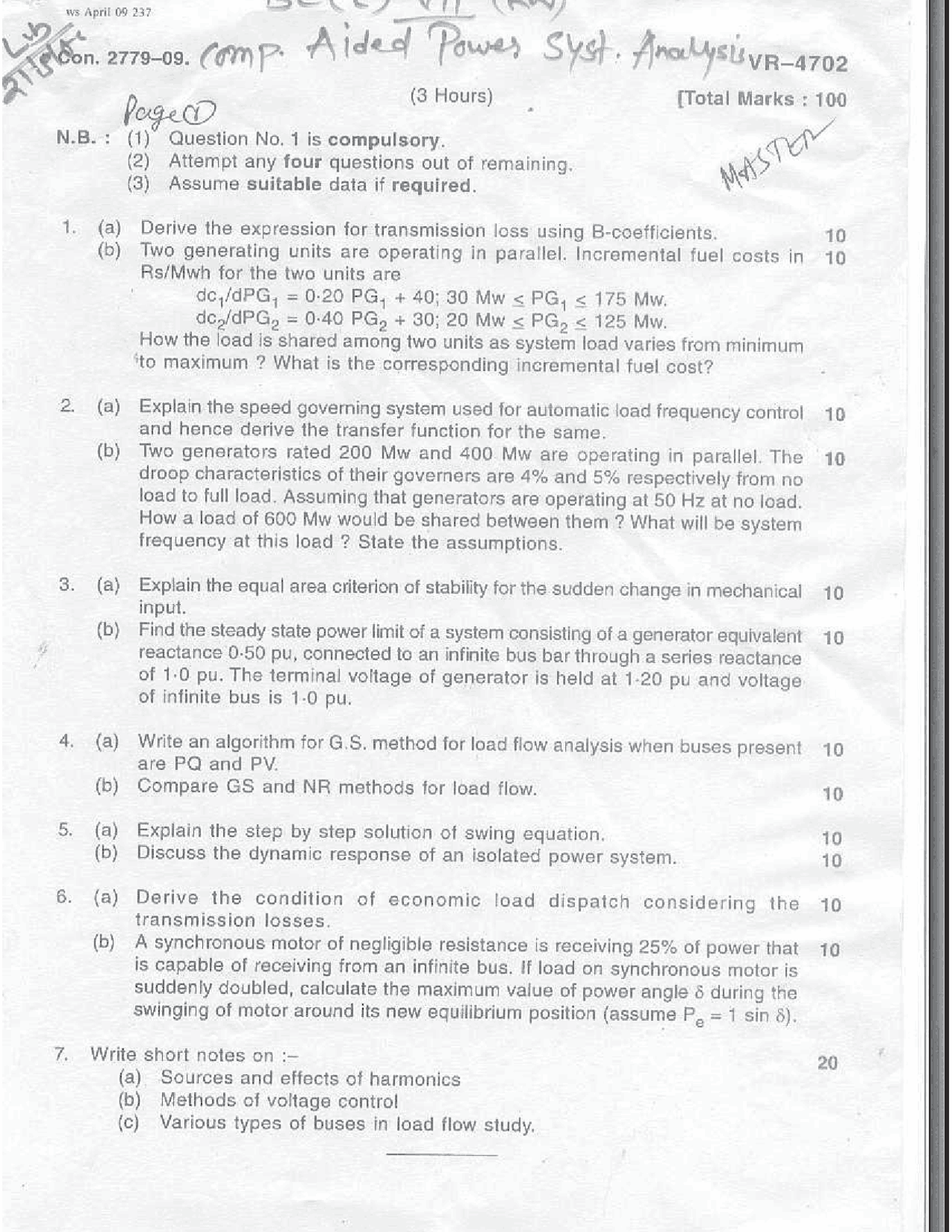 Computer Aided Power System - Exam Paper 2009- Electrical Engineering ...