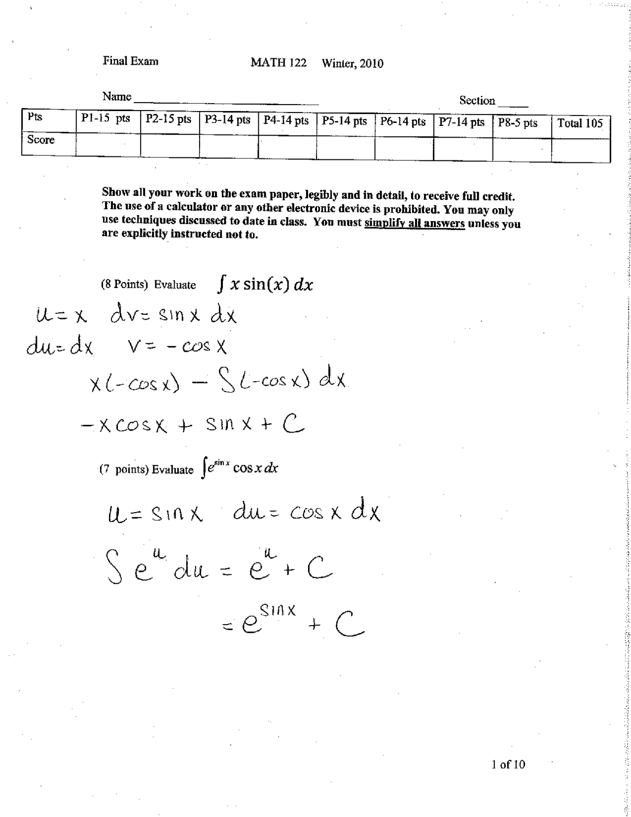 Final Exam with Answer Key for Calculus II | MATH 122 | Exams Calculus ...