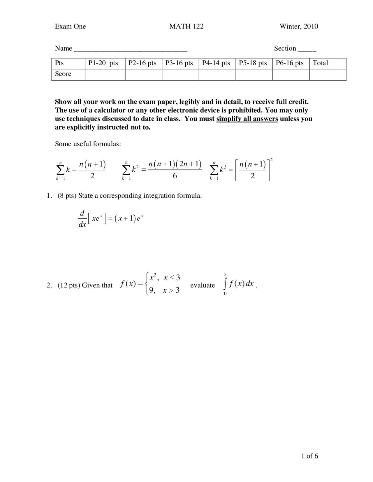 6 Questions Exam 1 - Calculus II | MATH 122 - Docsity