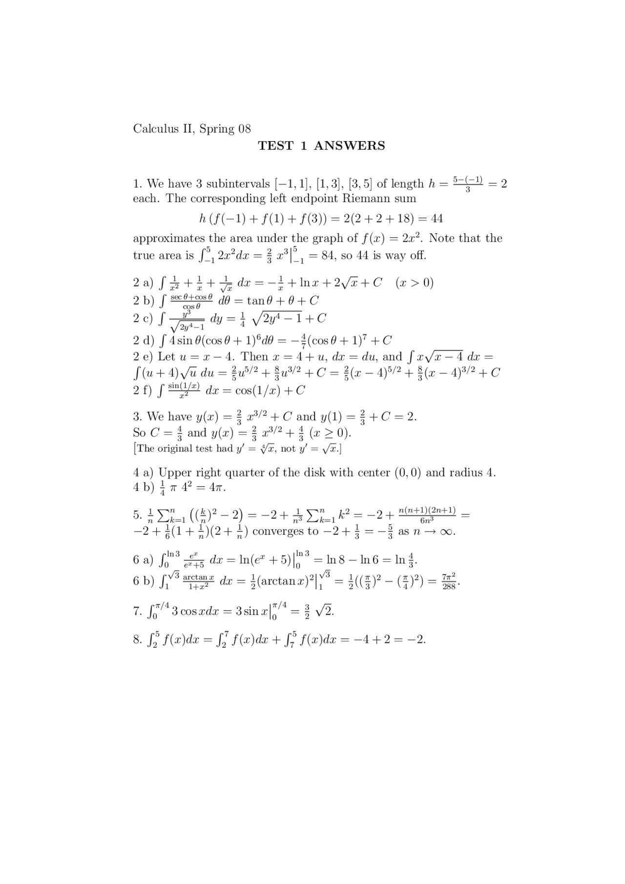 Test I with Answers - Calculus II | MATH 122 - Docsity