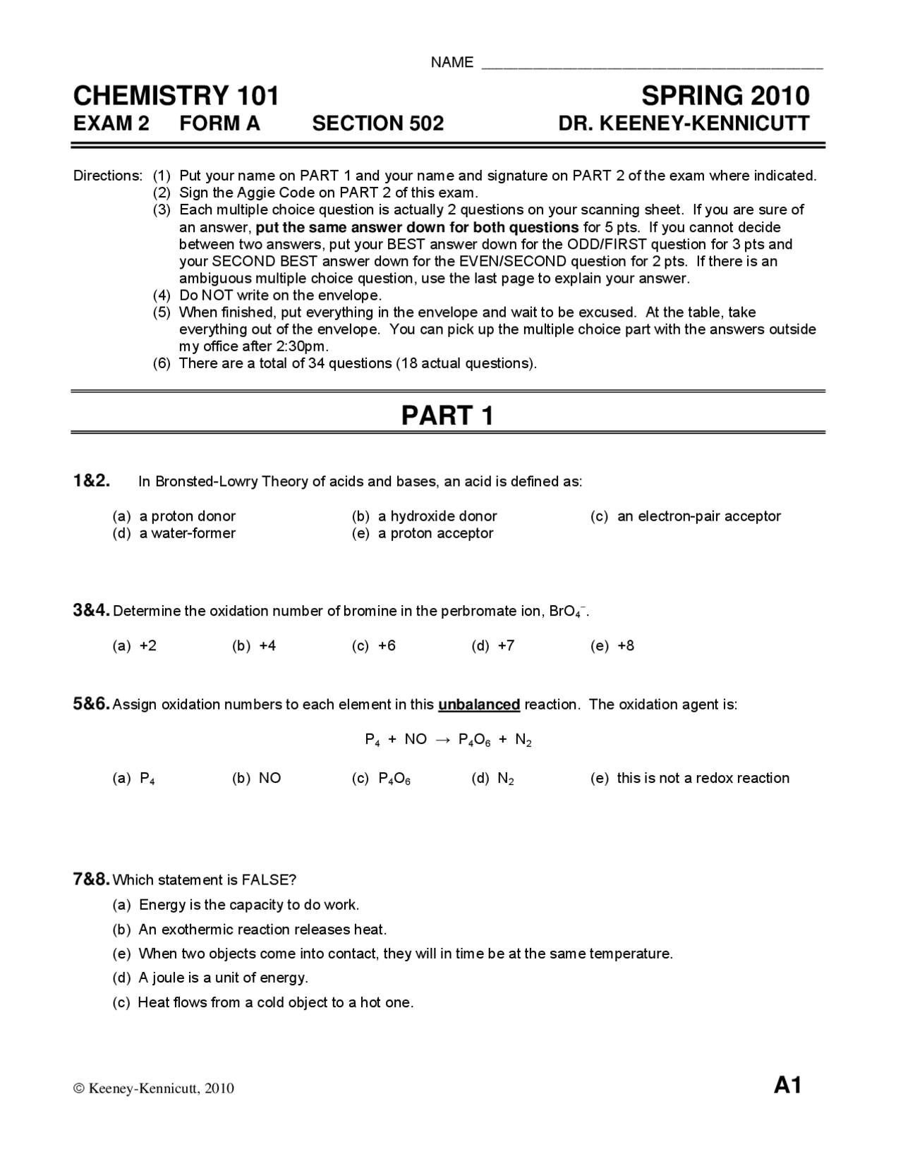 Exam 2 Form A | General Chemistry - Spring 2010 | CHEM 101 | Exams ...