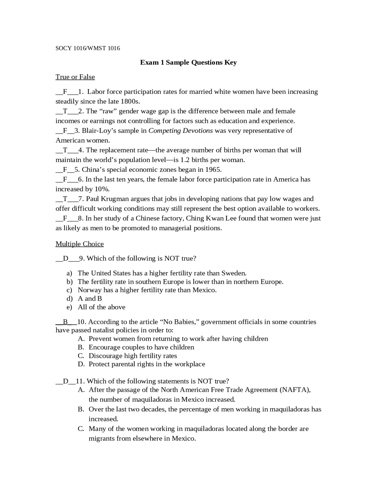 Sample Question with Key | Sex, Gender, and Society 1 - Exam 1 | SOCY ...