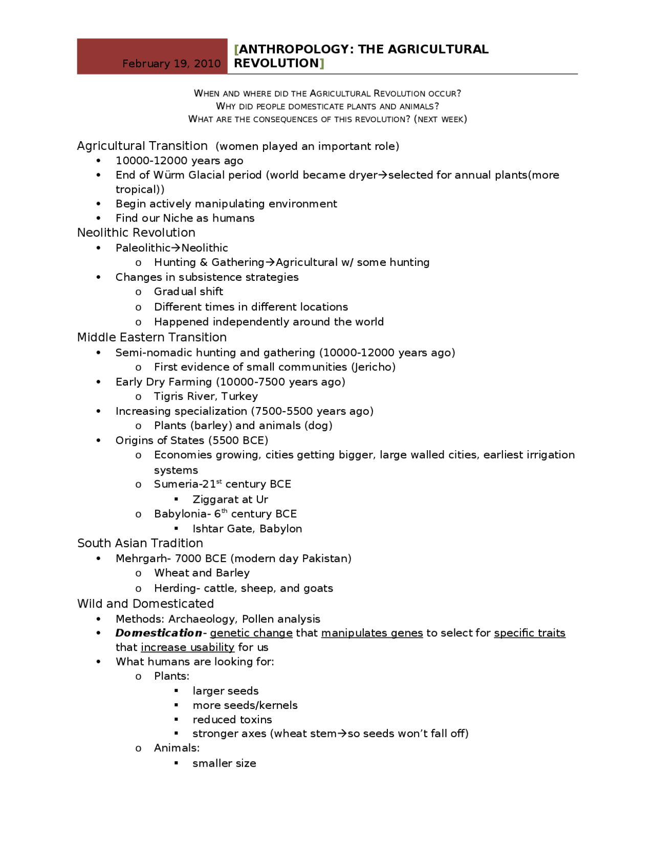 The Agricultural Revolution - Lecture Notes | ANTH 1102 - Docsity