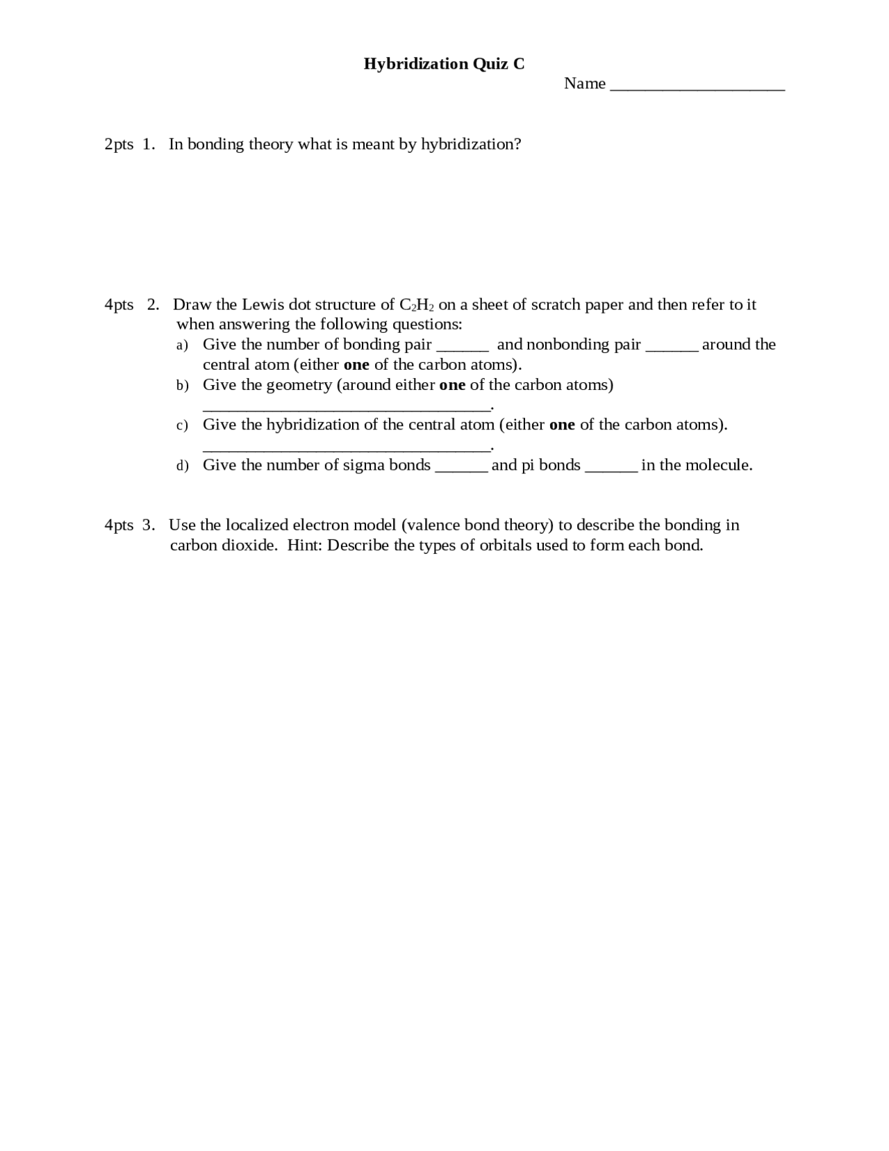 Hybridization Quiz C General Chemistry I CHEM 151 Docsity
