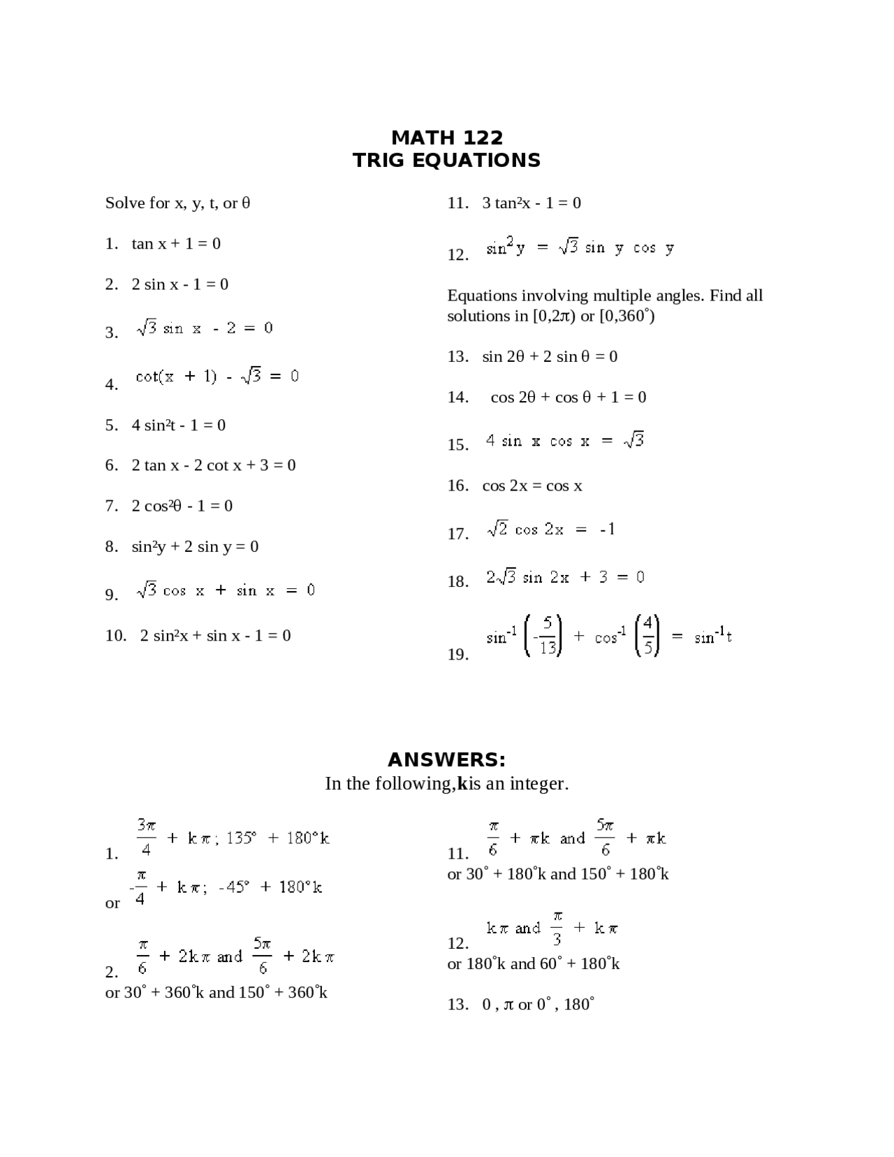 Trigonometry Equations - Precalculus II - Lecture Notes | MATH 122 ...