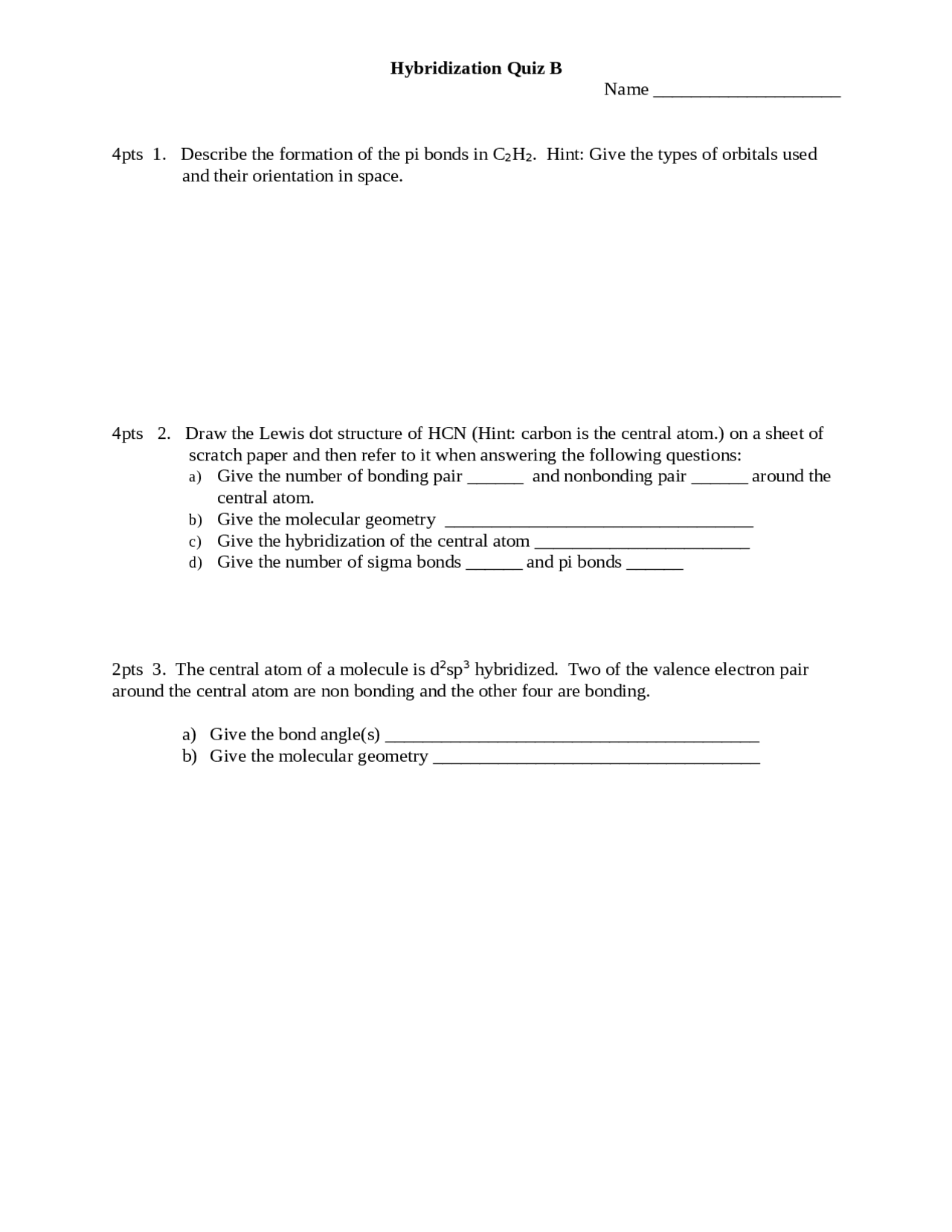 Hybridization Quiz B General Chemistry Lecture I CHEM 151 Docsity