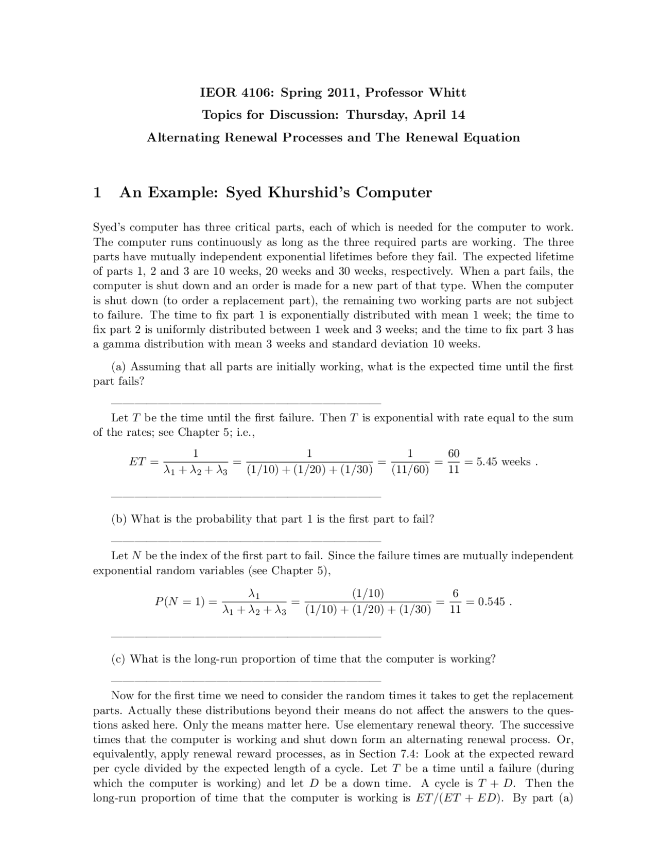 Markov Chains Renewal Process and Renewal Equation Essay