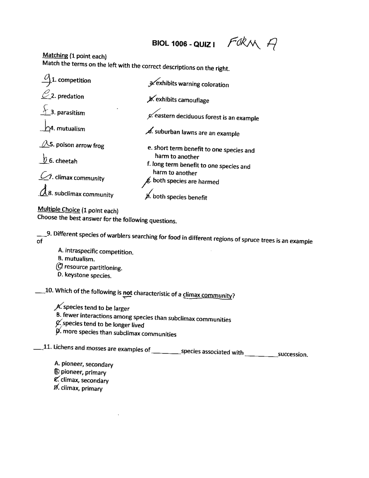 Quiz 1 with Answer Key - General Biology | BIOL 1006 | Quizzes Biology |  Docsity