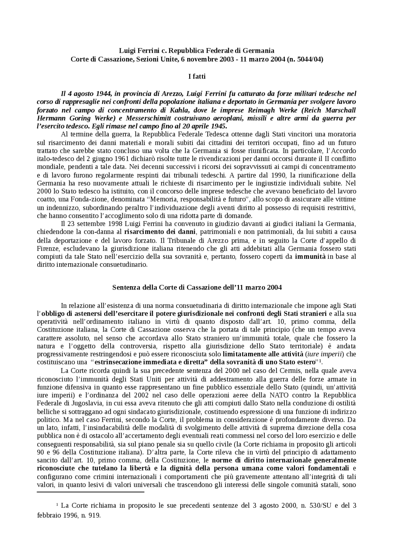 Il caso Ferrini | Appunti di Diritto Internazionale | Docsity