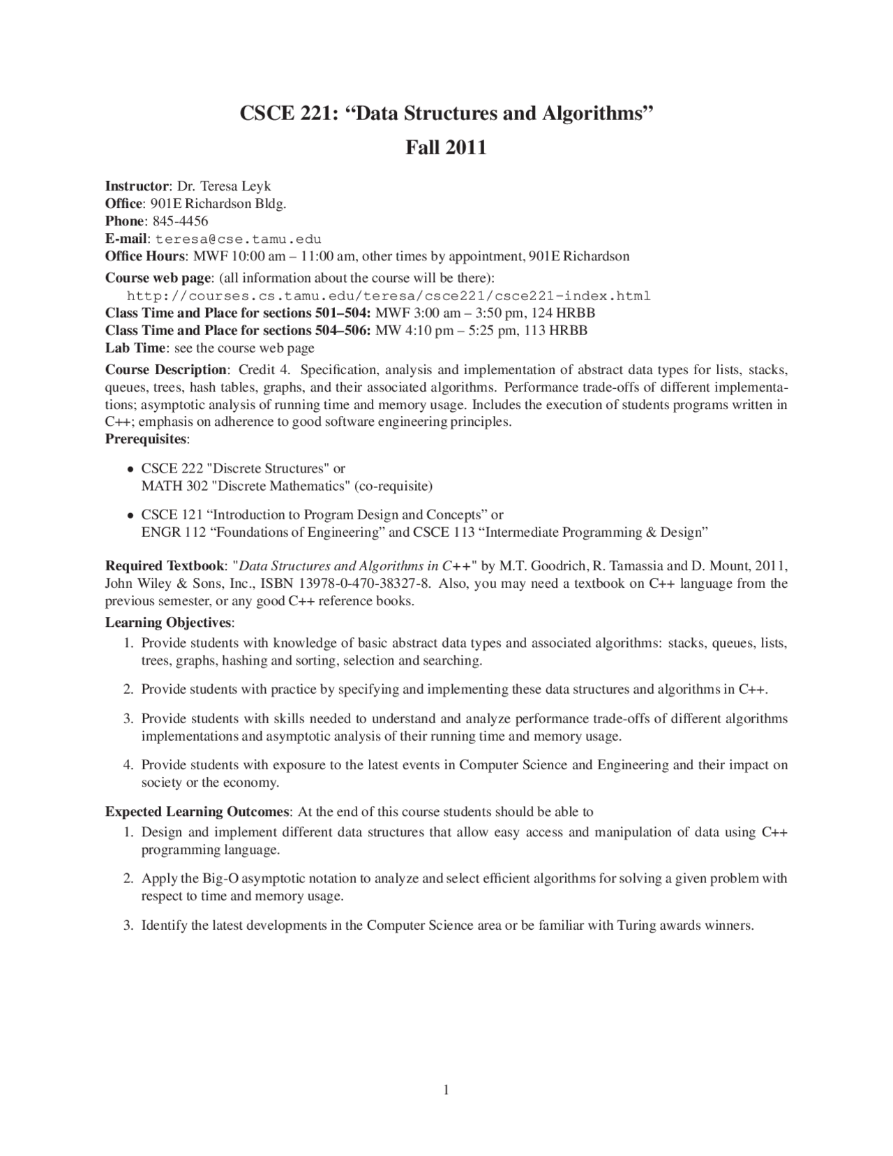 Syllabus on Data Structure and Algorithm | CSCE 221 - Docsity