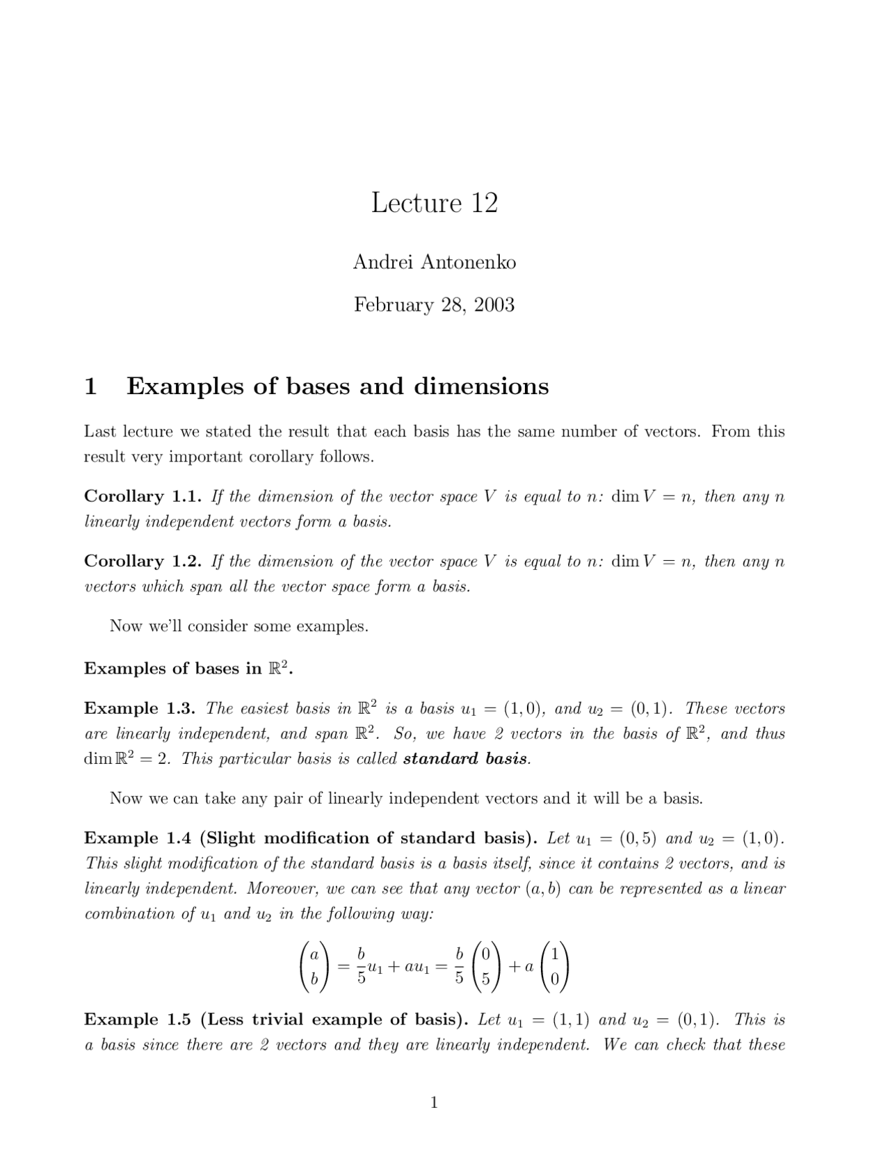 Bases and Dimensions-Linear Algebra-Lecture 12 Notes-Applied Math and ...