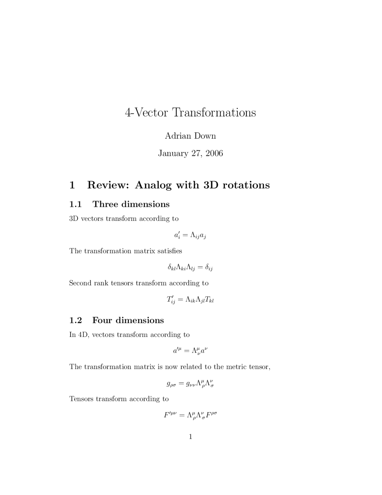 Four-Vector Transformations - Essay - Physics - Docsity