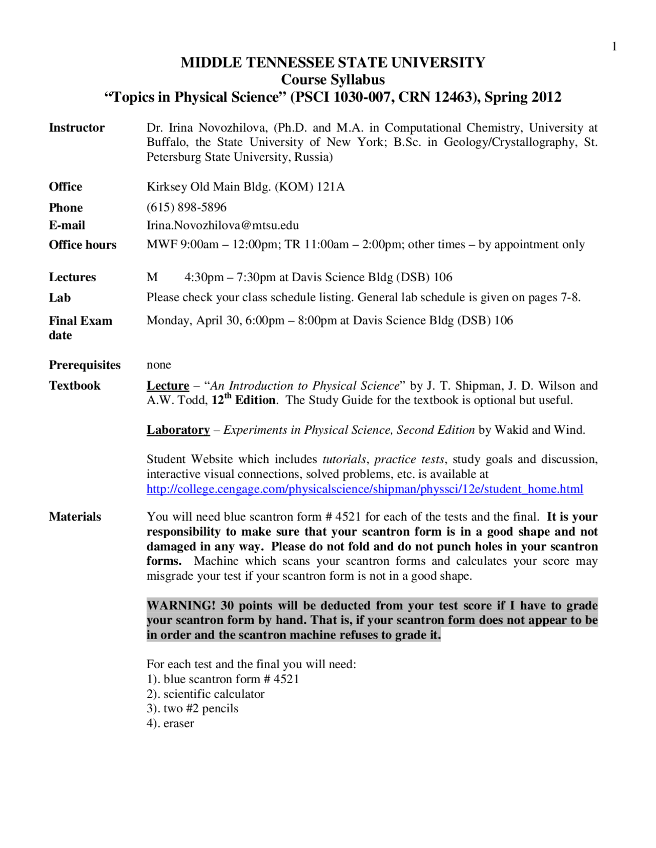 Mtsu Spring 2022 Final Exam Schedule Course Syllabus - Topics In Physical Science | Psci 1030 - Docsity