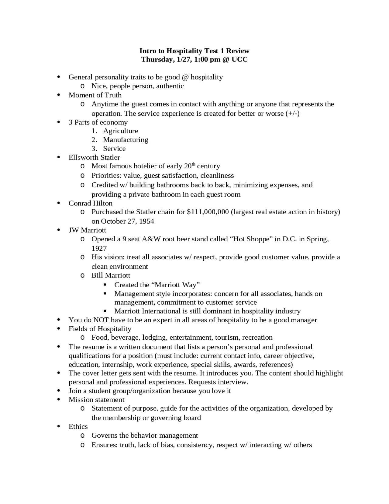 Review Study for Test 1 | Introduction to Hospitality and Tourism | HFT ...